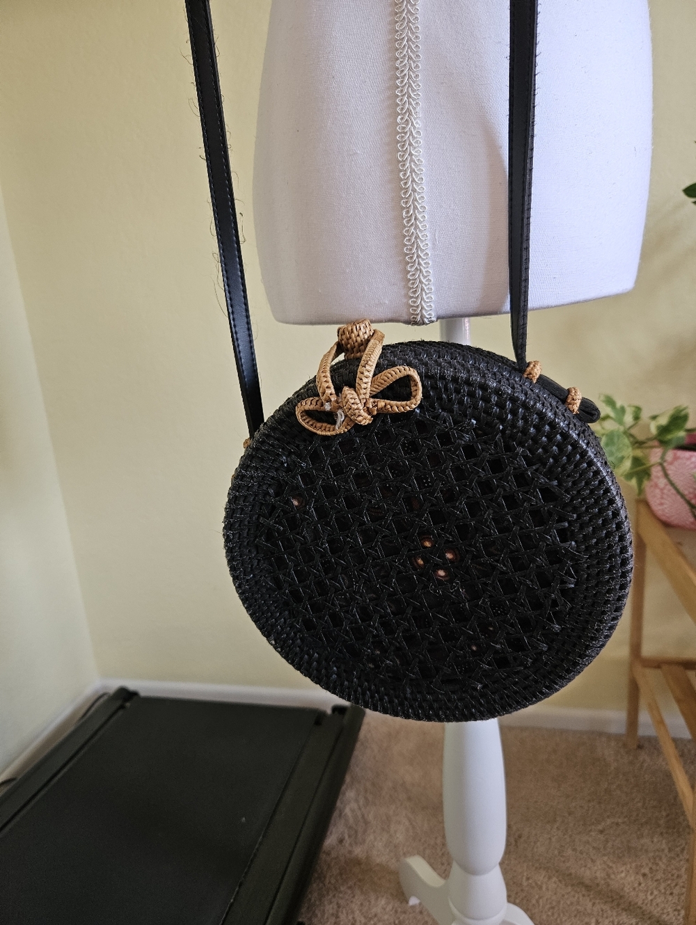 Anthropologie Black Round Woven Crossbody Bag